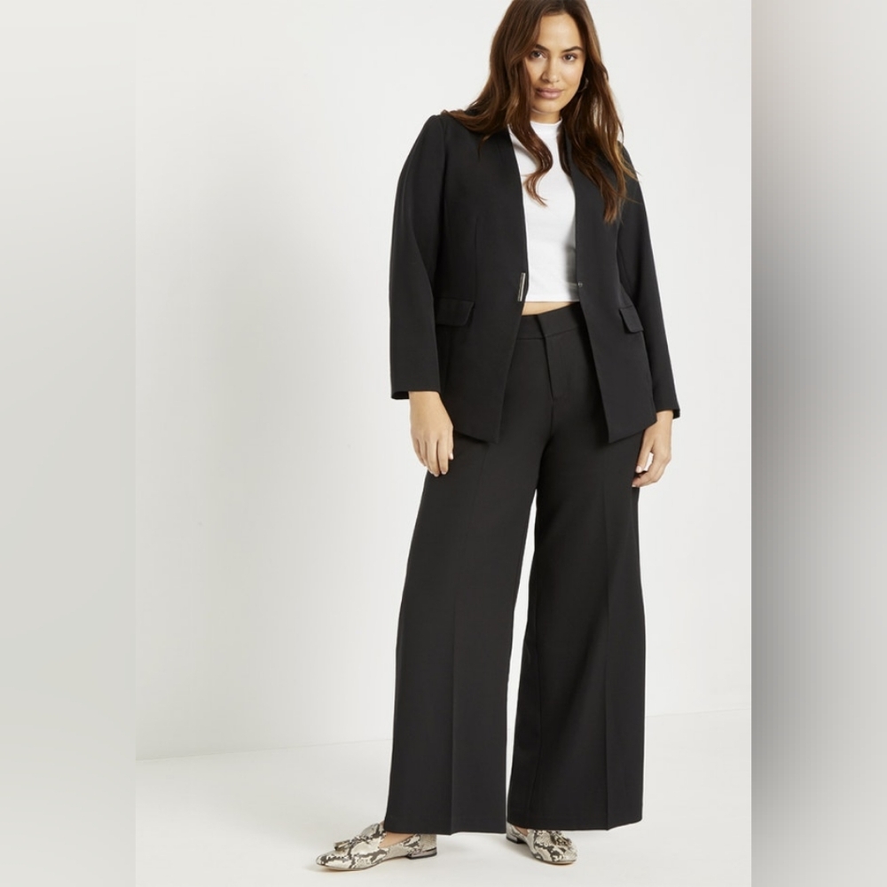 ELLOQUI Wide Leg Venice Crepe Trouser Black Plus Size 22